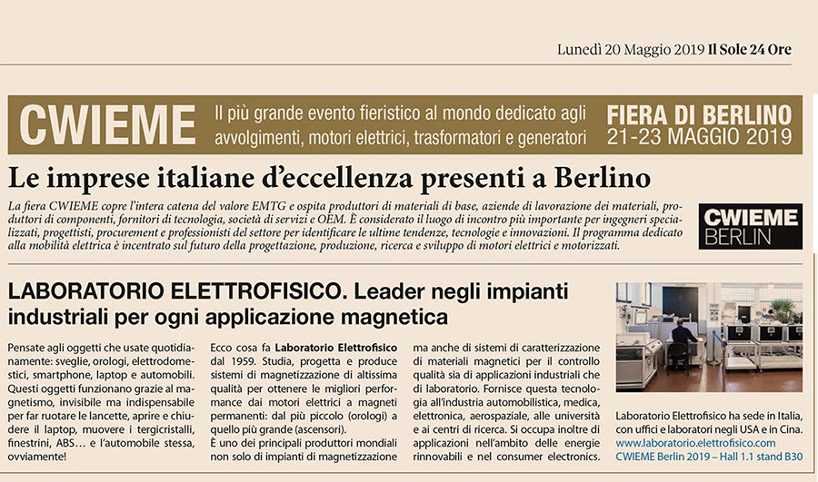 Laboratorio Elettrofisico article on Il Sole 24 ore