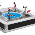 Axial flux magnetizing fixture for rotors, water cooled, power connectors on cable, magnetic core, Flux sense coil embedded